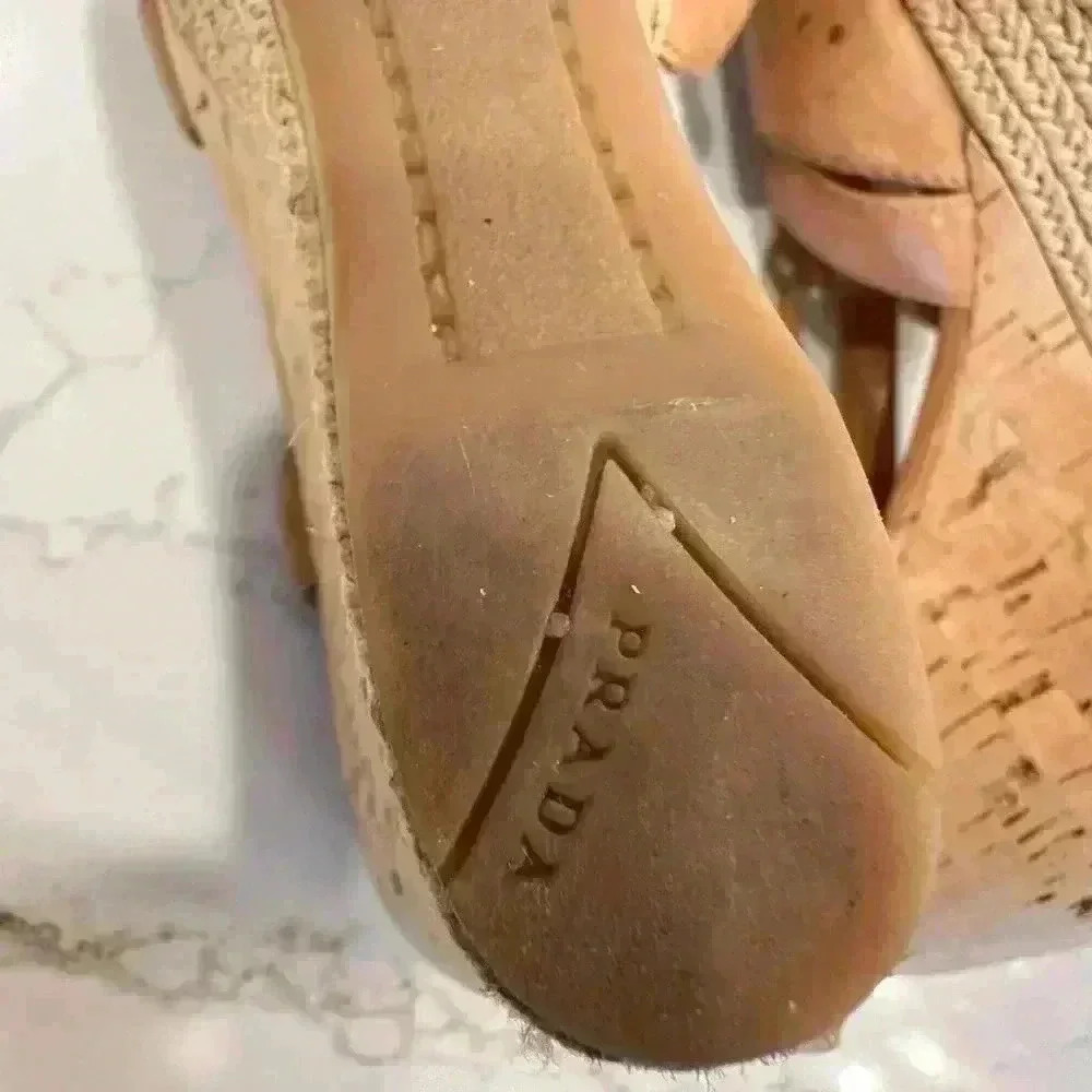 Prada Cork Wedge Strappy Tan Leather Sandals (Sz 37.5) - Picture 15 of 16